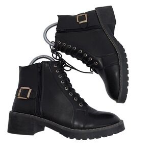 Bonnibel Womens Blk Faux Leather Lace Zip Combat Ankle Boots Military Gorpcore 8